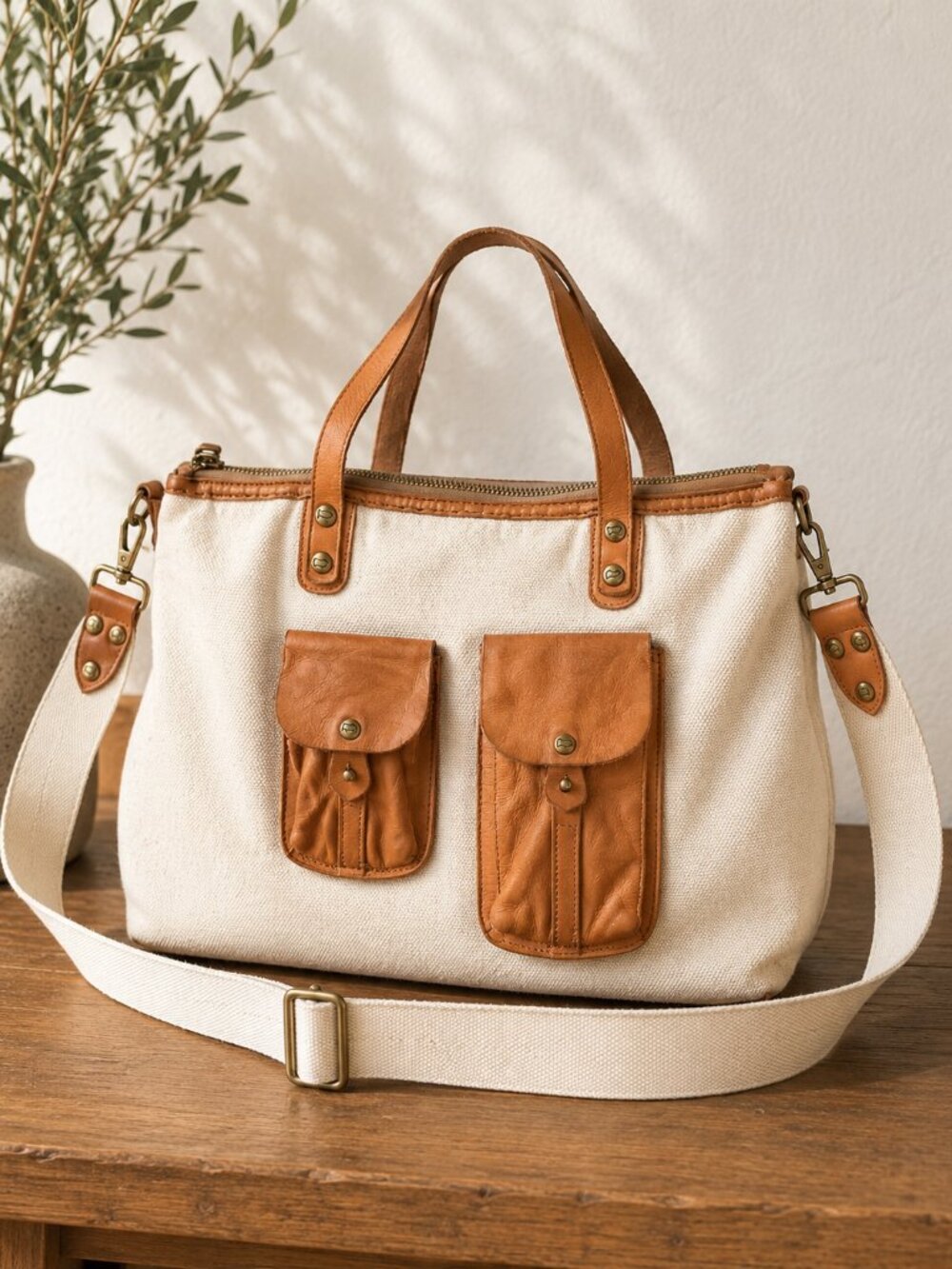 Campomaggi Cream Canvas Tote with Tan Leather Pockets
